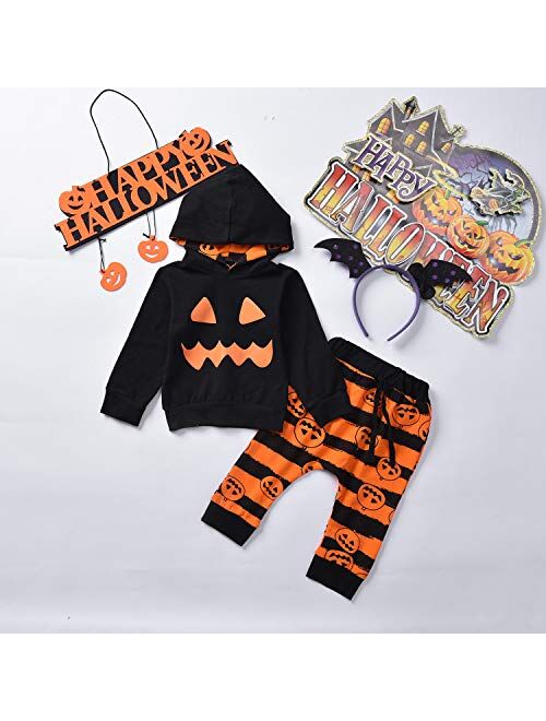 Toddler Newborn Baby Boys Halloween Haunt O'Lantern Clothes Pumpkin Skellington Smiles Hoodie + Stripe Pants Outfits Sets