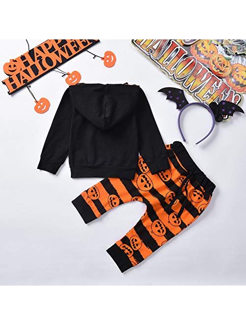 Toddler Newborn Baby Boys Halloween Haunt O'Lantern Clothes Pumpkin Skellington Smiles Hoodie + Stripe Pants Outfits Sets