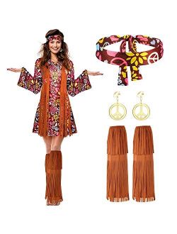 Women Hippie Costume Set Peace Sign Earring Necklace Headband Dress Ankle Socks