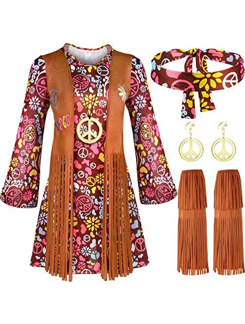 Women Hippie Costume Set Peace Sign Earring Necklace Headband Dress Ankle Socks