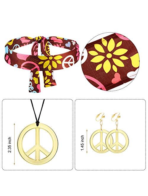 Women Hippie Costume Set Peace Sign Earring Necklace Headband Dress Ankle Socks