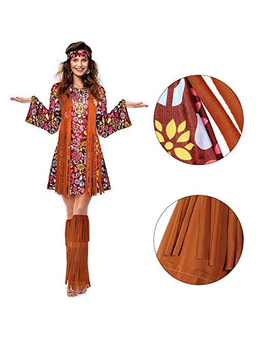 Women Hippie Costume Set Peace Sign Earring Necklace Headband Dress Ankle Socks