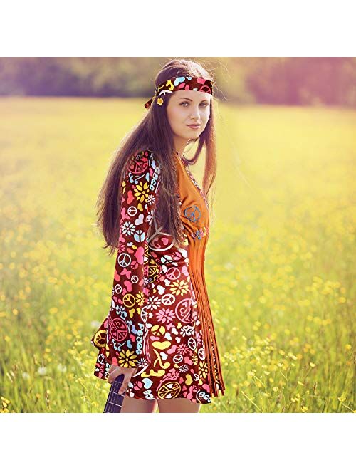 Women Hippie Costume Set Peace Sign Earring Necklace Headband Dress Ankle Socks