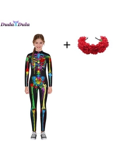 Kids Adult Skeleton Print Halloween Cosplay For Women Ghost Jumpsuit Party Performance Scary Costume Bodysuit Parent-Child Suit