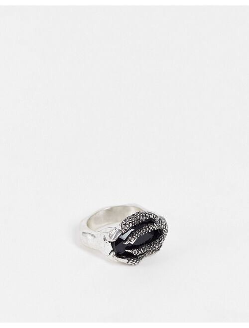 Asos Design Halloween ring with textured claw and black stone in burnished silver tone