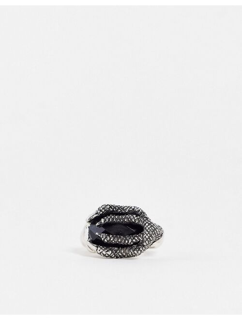 Asos Design Halloween ring with textured claw and black stone in burnished silver tone