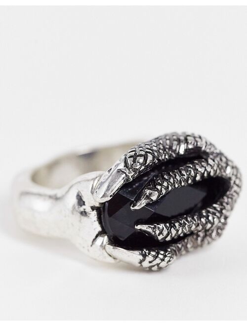 Asos Design Halloween ring with textured claw and black stone in burnished silver tone