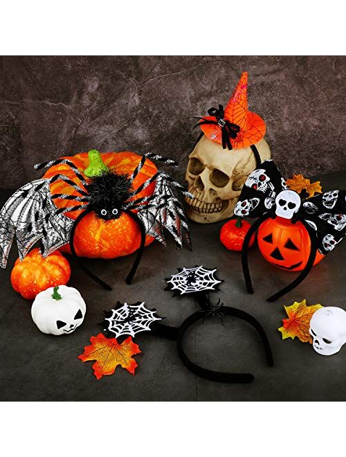 Aneco 9 Pack Halloween Costume Headbands Assorted Halloween Element Headbands Witch Spider Tombstone Skull Costume Headwear for Halloween Party Decoration