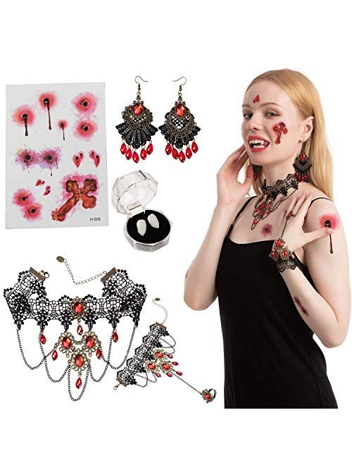 JOYIN 8 Pcs Gothic Vampire Costume Accessories Set with Vampire Fangs Teeth (Adhesive Included), Earrings, Gothic Necklace Choker, Bracelets and Tattoo Scar for Zombie Va