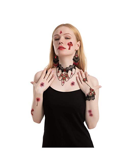 JOYIN 8 Pcs Gothic Vampire Costume Accessories Set with Vampire Fangs Teeth (Adhesive Included), Earrings, Gothic Necklace Choker, Bracelets and Tattoo Scar for Zombie Va