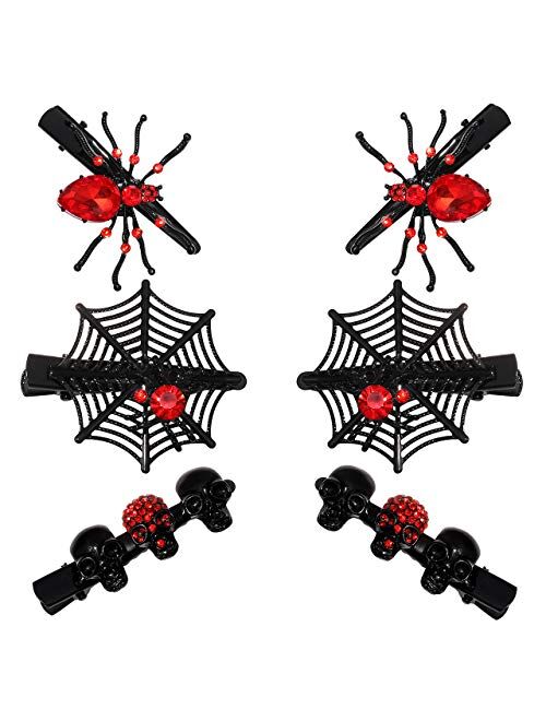 Halloween Hair Clips for Women Girls Gothic Skull Hair Clip Red Crystal Spider Web Hairpins Halloween Cosplay Costume Party Hair Accessory Gifts