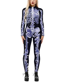 Selowin Womens Halloween Costume Skeleton Print Bodysuit Skinny Catsuit Jumpsuit