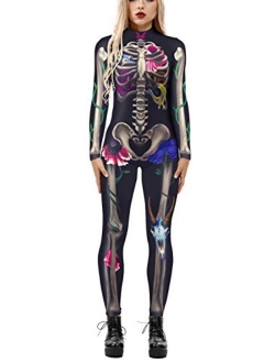 Selowin Womens Halloween Costume Skeleton Print Bodysuit Skinny Catsuit Jumpsuit