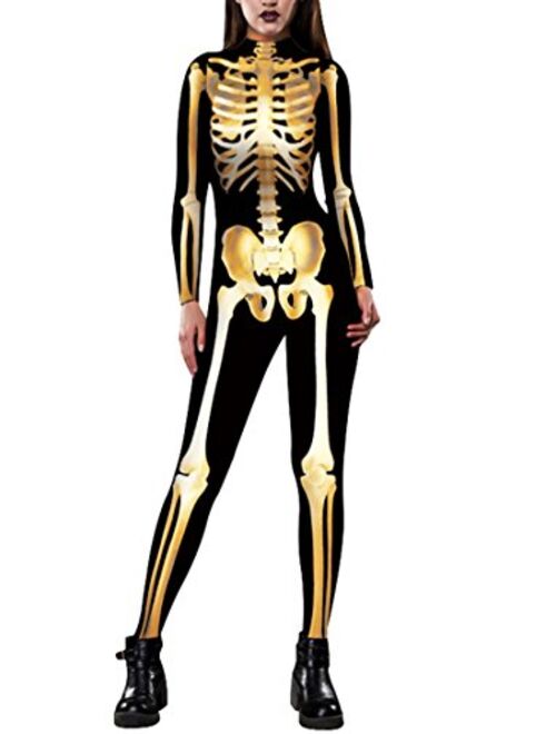 Selowin Womens Halloween Costume Skeleton Print Bodysuit Skinny Catsuit Jumpsuit