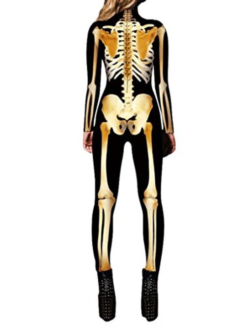 Selowin Womens Halloween Costume Skeleton Print Bodysuit Skinny Catsuit Jumpsuit