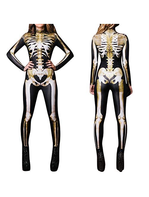 Selowin Womens Halloween Costume Skeleton Print Bodysuit Skinny Catsuit Jumpsuit