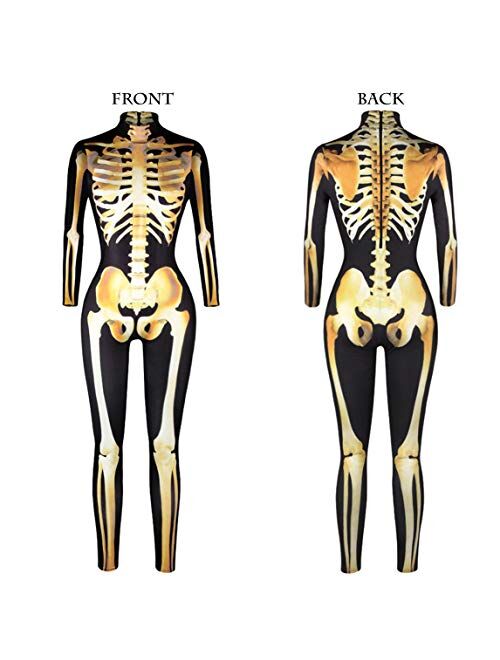 Selowin Womens Halloween Costume Skeleton Print Bodysuit Skinny Catsuit Jumpsuit