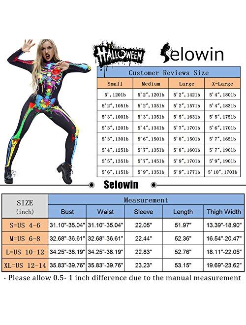 Selowin Womens Halloween Costume Skeleton Print Bodysuit Skinny Catsuit Jumpsuit