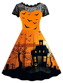 Spadehill Womens Halloween Lace Sleeve Swing Dress