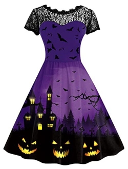 Spadehill Womens Halloween Lace Sleeve Swing Dress