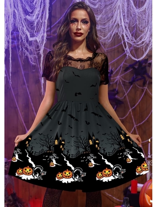 Spadehill Womens Halloween Lace Sleeve Swing Dress