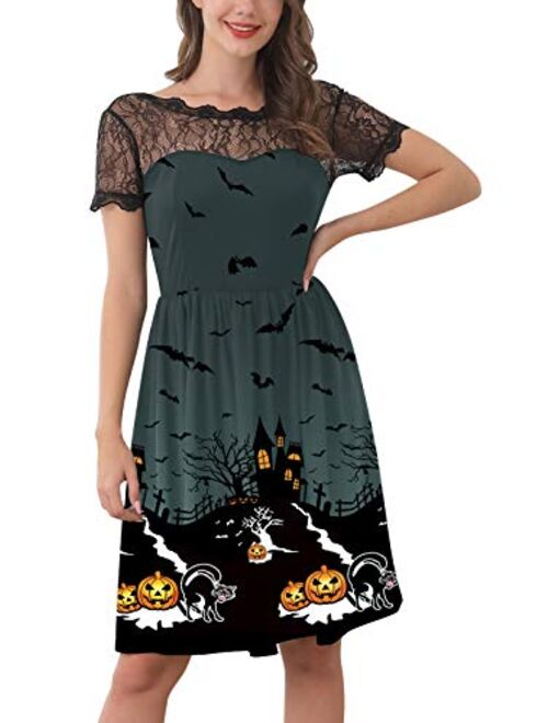 Spadehill Womens Halloween Lace Sleeve Swing Dress