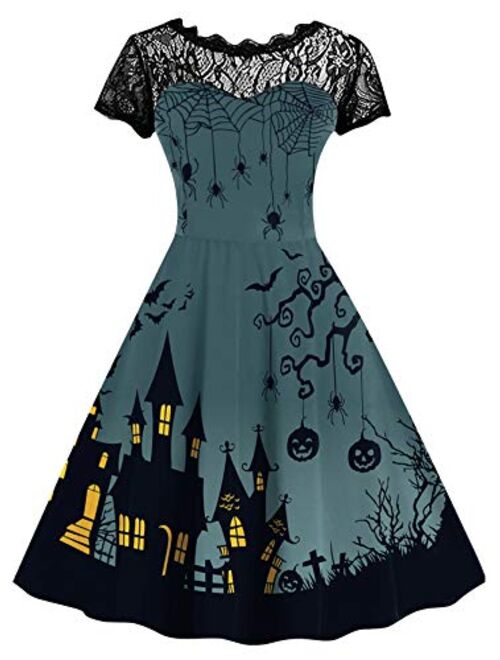 Spadehill Womens Halloween Lace Sleeve Swing Dress