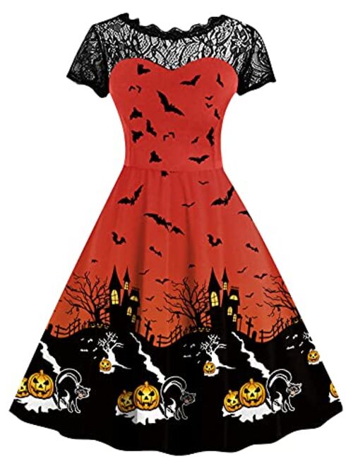 Spadehill Womens Halloween Lace Sleeve Swing Dress