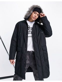 parka jacket in black with faux-fur trim hood