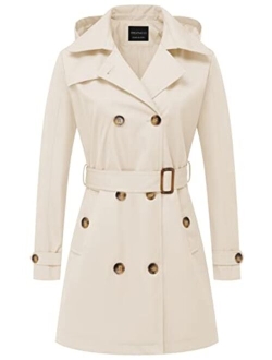 CREATMO US Women's Trench Coat Double-Breasted Classic Lapel Overcoat Belted Slim Outerwear Coat with Detachable Hood