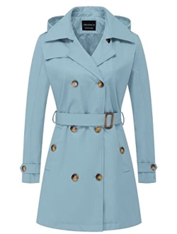 CREATMO US Women's Trench Coat Double-Breasted Classic Lapel Overcoat Belted Slim Outerwear Coat with Detachable Hood