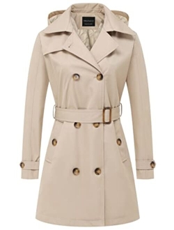 CREATMO US Women's Trench Coat Double-Breasted Classic Lapel Overcoat Belted Slim Outerwear Coat with Detachable Hood