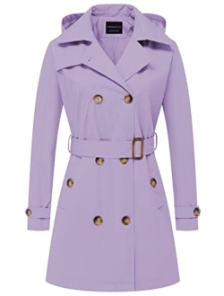 CREATMO US Women's Trench Coat Double-Breasted Classic Lapel Overcoat Belted Slim Outerwear Coat with Detachable Hood