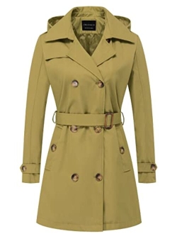 CREATMO US Women's Trench Coat Double-Breasted Classic Lapel Overcoat Belted Slim Outerwear Coat with Detachable Hood