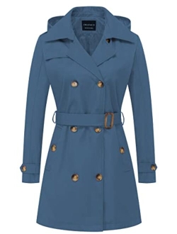 CREATMO US Women's Trench Coat Double-Breasted Classic Lapel Overcoat Belted Slim Outerwear Coat with Detachable Hood