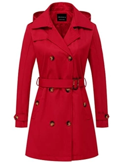 CREATMO US Women's Trench Coat Double-Breasted Classic Lapel Overcoat Belted Slim Outerwear Coat with Detachable Hood