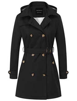 CREATMO US Women's Trench Coat Double-Breasted Classic Lapel Overcoat Belted Slim Outerwear Coat with Detachable Hood