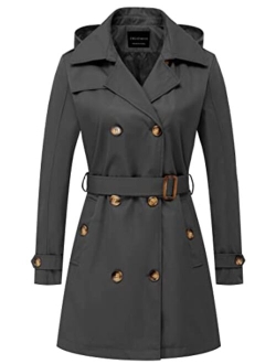 CREATMO US Women's Trench Coat Double-Breasted Classic Lapel Overcoat Belted Slim Outerwear Coat with Detachable Hood