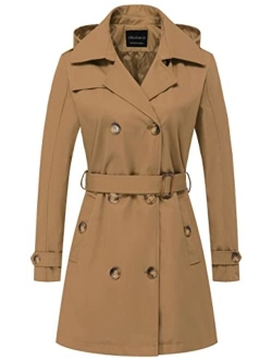 CREATMO US Women's Trench Coat Double-Breasted Classic Lapel Overcoat Belted Slim Outerwear Coat with Detachable Hood