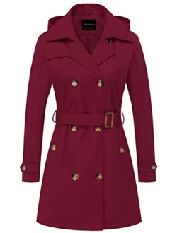 CREATMO US Women's Trench Coat Double-Breasted Classic Lapel Overcoat Belted Slim Outerwear Coat with Detachable Hood