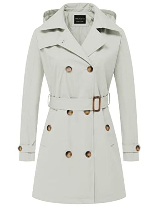 CREATMO US Women's Trench Coat Double-Breasted Classic Lapel Overcoat Belted Slim Outerwear Coat with Detachable Hood