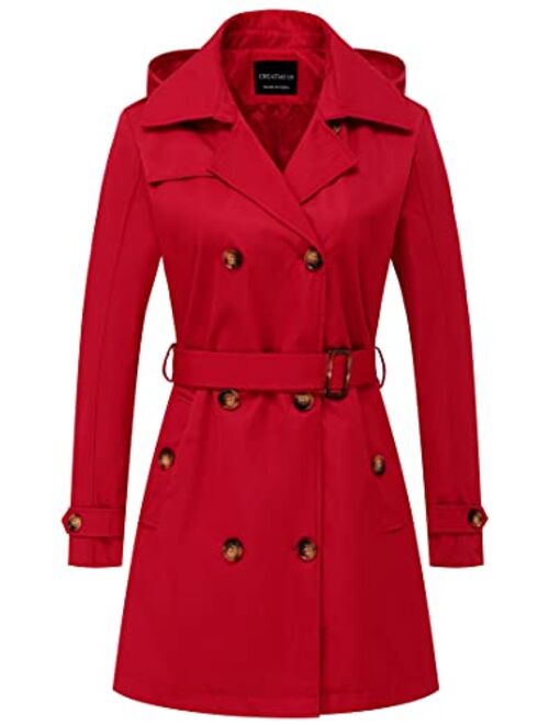 CREATMO US Women's Trench Coat Double-Breasted Classic Lapel Overcoat Belted Slim Outerwear Coat with Detachable Hood