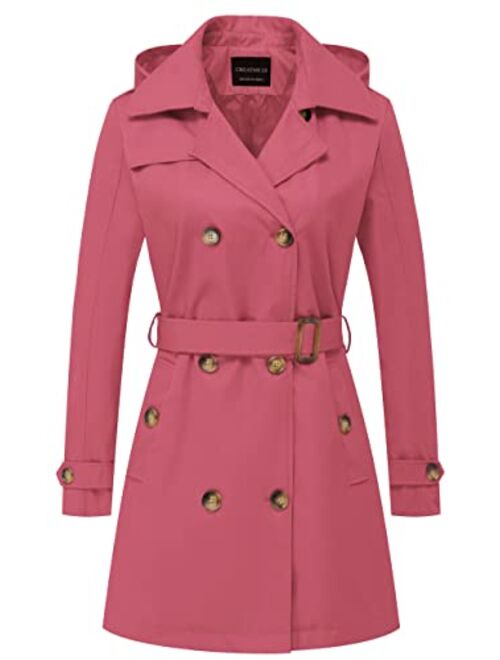 CREATMO US Women's Trench Coat Double-Breasted Classic Lapel Overcoat Belted Slim Outerwear Coat with Detachable Hood