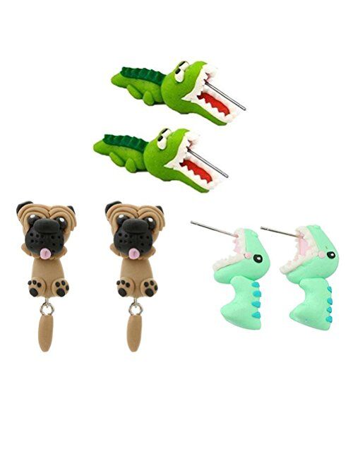 5 Pairs Biting Ear Earrings Polymer Clay Studs,Handcraft Cute 3D Crocodiles Dinosaur Pig Shapi Dog Insects Santa Claus Animal Flower Earrings-Chomper earrings,Piranha Ear