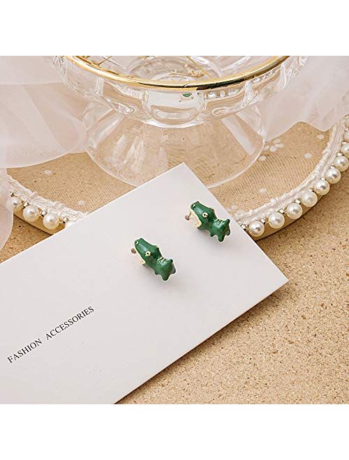 Funny Little Dinosaur Stud Earrings Dripping Oil Cartoon Green Dinosaur Animal Fun Earrings for Women Girls Teens