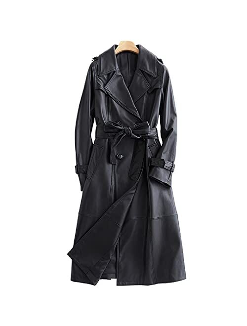 Long Black Leather Trench Coat For Women Long Sleeve Belt Lapel Luxury Outerwear