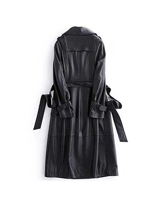 Long Black Leather Trench Coat For Women Long Sleeve Belt Lapel Luxury Outerwear