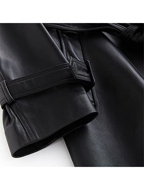 Long Black Leather Trench Coat For Women Long Sleeve Belt Lapel Luxury Outerwear