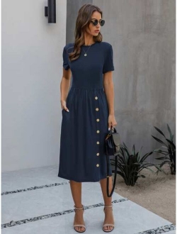 Slant Pocket Button Front A-line Dress