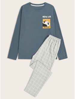Men Cartoon Graphic Tee & Plaid Pants PJ Set